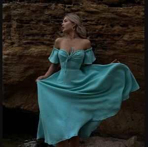 Romantic Off-Shoulder Aqua Cotton Summer Dress